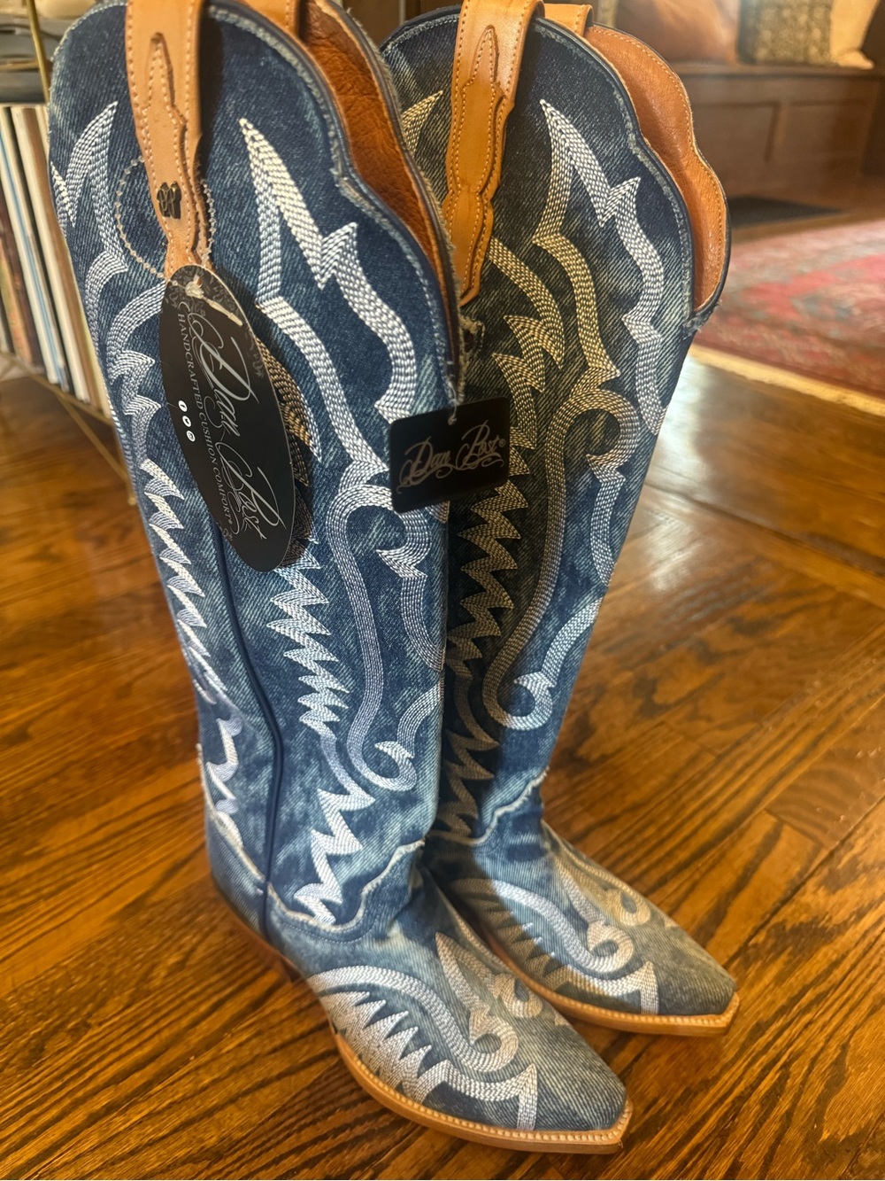Dan Post Distressed Denim-Blue Embroidered Western Boot with Tan Pull - Picture 2 of 8